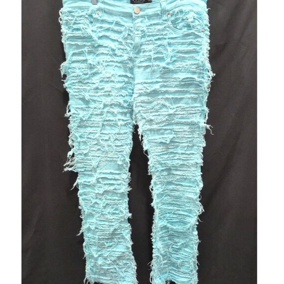 Politics Debris 503 Distressed Fringe Aqua Flare Jeans -  Size 36 - Picture 3 of 6